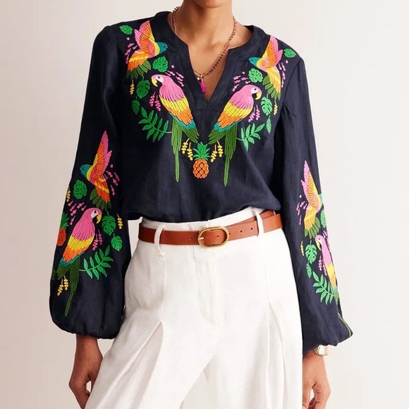 Boden Tops - Boden Bonnie Linen Tropical Paradise Top Navy